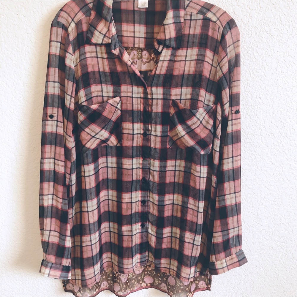 Band of Gypsies Sheer Plaid Button Down Shirt